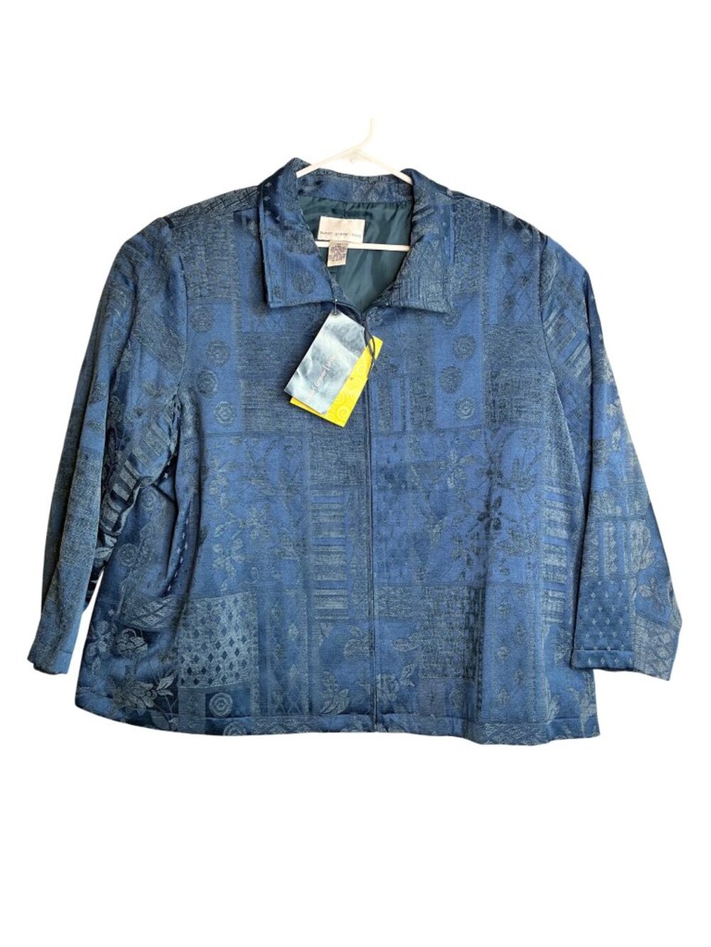 Susan Graver 3X Blue Patterned Zip Jacket Padded Shoulders Plus Size NWT Blazer